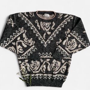 Vintage charcoal + pink fuzzy floral sweater